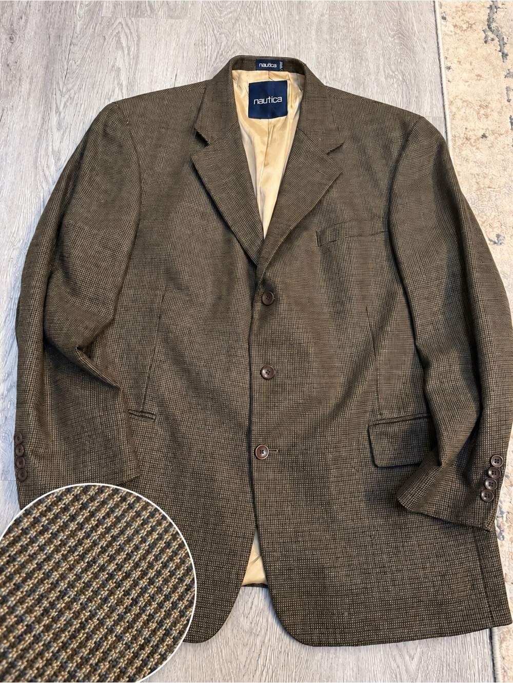Nautica Blazer Mens 46R Brown Houndstooth Lambswool Sport Coat Suit Jacket Reg